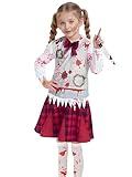 6 PCS Zombie Costume Girls Cheer Team Kids Zombie Girl Dress Horror Bloody Halloween Outfit with Knife Tattoos (Small)