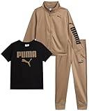 PUMA Toddler Boys Pants Set - 3 Piece Athletic T-Shirt, Zip Up Jacket, Jogger Pants - Boys Activewear Tricot Jogset (2T-7), Size 5, Black/Tan
