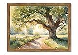 Framed Vintage Tree Landscape Wall Art, Watercolor Country Road Nature Wall Decor Paintings, Rustic Countryside Pictures Canvas Prints Aesthetic Home Decor for Living Room Bedroom Bathroom 8x10 inch