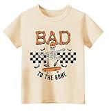 Sineeko Toddler Baby Boys Halloween Tshirt Cotton Short Sleeve Kids Outfits Bad to The Bone Skateboard Skeleton Tops Beige 3T