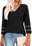 Work Blouses for Women Dressy Casual Lace 3/4 Sleeve Plus Size Tops for Women V Neck Shirts Cruise Outfits 2025 Black XXL
