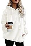 ReachMe Womens Sherpa Pullover Hoodie with Pockets Fuzzy Fleece Pullover Tops Oversized Sweatshirts Fluffy Sweater(A Solid Ivory,L)