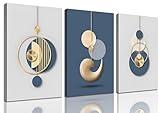 3Pcs Framed Modern Abstract Canvas Wall art Blue White Luxury Gold Graphic Wall Decor Pictures Minimalist Medieval Geometric Poster Prints for Living Room Bedroom Office Home Decoration 16x24in