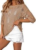EVALESS Plus Size Spring Tops for Women 2025 Short Sleeve Crochet Hollow Out Summer Sweaters Beach Vacation Clothes Lightweight Knit Cruise Outfits Sexy Tops for Women Fashion Khaki Shirts, XX-Large