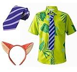 Halloween Cosplay Costume Halloween costume for men Green Printed T-Shirt headband Purple Tie set (XL)