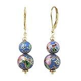 LTC Designs Light Blue Floral Cloisonné Earrings with 8mm and 10mm Beaded Drops made with 14k Gold-filled Leverbacks for Women, Teens, Young Adult Casual Everyday Earrings