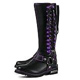 Dream Apparel Women's Harness Motorcycle Riding Boots for Biker, Square Toe Lace Up Knee High Boots with Side Zipper, Black PU Leather Footwear Ladies, Size 7.5