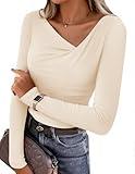 ZESICA Women's Long Sleeve Asymmetrical Neck Ruched Slim Fit Shirts 2025 Fall Fashion Business Casual Tops, Apricot, L