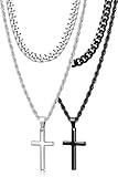 Romass 4Pcs Cross Necklace for Men,Stainless Steel Chains for Men Layered Necklaces Silver Gold Black Pendant Jewelry Box Gifts 18-24 Inches (4Pcs 18in/20in, Silver+Black)