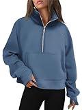 AUTOMET Womens Sweatshirts Half Zip Cropped Pullover Fleece Quarter Zipper Sweater Hoodies 2025 Fall Fashion Outfits Clothes Blue Medium