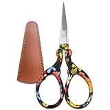 Jaasuee Sharp Embroidery and Crafting Scissors with Leather Cover, 3.62 inch Stainless Steel Stork Shaped Scissors for Needlework and DIY Crafts, Black Flower, J5064