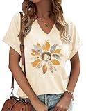 Womens Flowers V Neck Shirt Vintage Boho Floral Wildflowers Graphic Tees Casual Cottagecore Short Sleeve T Shirts(Asand,M)