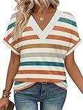 WIHOLL Plus Size Spring Clothes for Women Dressy Casual Short Sleeve Tops V Neck Shirts Business Beach Vacation Orange Stripes 2XL