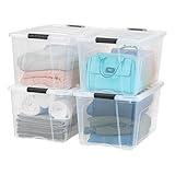 IRIS USA 72 Qt Stackable Plastic Storage Bins with Lids, 4 Pack - BPA-Free, Made in USA - See-Through Organizing Solution, Latches, Durable Nestable Containers, Secure Pull Handle - Clear