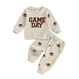 Kupretty Toddler Baby Boy Football Outfits Fall Winter Clothes Game Day Embroidery Crewneck Sweatshirt + Pants Waffle Set (Beige, 6-12 Months)