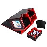 Venssu MTG Deck Box for Commander or Prime Card Display with Dice Tray,Card Deck Box Fits 200 Single Sleeved Cards, TCG Card Storage Box with 2 Dividers and 1 magnetic card holder (Black&Red)
