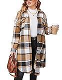 IN'VOLAND Womens Flannel Plaid Shirts Plus Size Long Sleeve Lounge Khaki Brown Long Button Down Jacket Shacket Coats 18W