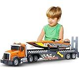 Toddler Boy Toys for 3 4 5 6 7 Years Kids, 21" Semi Flatbed Truck Toy with a Sea Race Truck, Friction Powered Vehicles Toys with Lights and Sounds, Birthday for Boy Girls