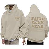 Kelxjia Faith Over Fear Hoodie Men Christian Jesus Sweatshirts Bible Verse Graphic Hoodies Inspirational Streetwear Pullover(Apricot,Small)