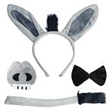 Donkey Costume Accessory Set- Donkey Ears Headband Tail Nose and BowTie, Animal Props Halloween Cosplay Kit (4 Pieces)
