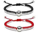 Handmade Braided Bracelets Baseball Gifts for Boys Adjustable Wristbands with Baseball Beads, Inspirational Baseball Bracelets for Girls Teens Adults (Red and Black 2PCS)