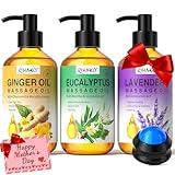 Mother's Day Gifts for Women – 3-Pack Massage Oil for Massage Therapy | Lymphatic Drainage Ginger, Relaxing Lavender, and Sore Muscle Eucalyptus Oils | Date Night & Spa Gift for Him & Her