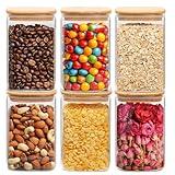 ComSaf 1.2 QT Glass Storage Containers with Lids, Glass Jars with Lids, Clear Food Jar, Square Canister Set of 6, Pantry Organizers and Storage for Cookie Flour Oat Pasta Tea Coffee Bean