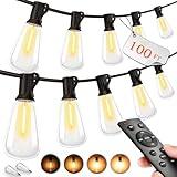 Outdoor String LED Patio Lights - 100Ft 30M Outside Waterproof Light with Remote Dimmable ST38 Shatterproof Bulb Connectable Hanging Outdoor Electric Lighting for Backyard Yard Gazebo Porch Party