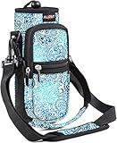 AUPET Water Bottle Sling Bag Sleeve Holder Carrier 25/32/40/64 oz,Insulated Crossbody Water Bottle Case Cover with Strap and Pockets for Men/Women Walking Hiking Camping (25oz, blue feather)