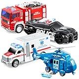 JOYIN 4 Packs Emergency Vehicle Toy Playsets, Friction Powered Vehicles with Light and Sound, Including Fire Truck, Ambulance, Play Police Car and Helicopter, Christmas Toddler Kids Boys Gifts