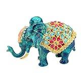 Enamel Lucky Elephant Jewelry Box Trinket Box with Hinged Unique Mini Ring Necklace Jewelry Organizer, Classical Bejeweled Storage, Figurine Collectible Keepsake Home Decor (Gold Blue)