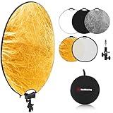 WELLMAKING 32 Inch (80cm) Reflector Photography, Collapsible Light Reflector with Threaded Handle & tilt Adapter, 5 in 1 Handle Reflector for Lighting -Translucent, Silver, Gold, White and Black
