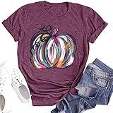 Halloween Pumpkin Shirt Women Fall Graphic Tees Short Sleeve Autumn T-Shirt Thanksgiving Gift Tops (Purple 2, L)