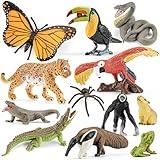 THINKBAY 12PCS Realistic Rainforest Animal Figurines Toys, Idea for Rainforest Diorama Supplies Party Favor, Jungle Animals Figures Toys with Trees for Toddlers Kids Boys Girls