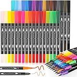 Soucolor Art Brush Markers Pens for Adult Coloring Books, Christmas Gifts Stocking Stuffers for Teen Girls Art Supplies, 34 Colors Numbered Dual Tip (Brush and Fine Point) Drawing Markers for School