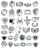 Vieyomn 34 Pcs Vintage Silvery Punk Ring for Women Men Gothic Signet Stackable Skull Poker Knuckle Rings Set