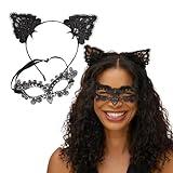 Kitsch Lace Headband & Mask – Black Cat Halloween Accessories – Elegant Lace Cat Ear & Mask Duo – Black Headband for Halloween Costume, Parties & Hair Accessories | Ideal Gifts for Women - 2pc Set