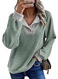 EVALESS Womens Fall Fashion 2025 Long Sleeve Shirts Patchwork Button Up V Neck Sweatshirt for Women Casual Trendy Pullover Teacher Outfits Tops Grass Green Medium
