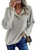 EVALESS Womens Fall Fashion 2025 Long Sleeve Shirts Patchwork Button Up V Neck Oversized Sweatshirt Casual Trendy Pullover Blouse Tops Beige Medium