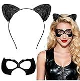 Black Cat Ears Headband With Woman Mask Set for Catwomen Costume Outfit, Halloween Cats Costume Accessories for Adult Women