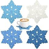 Hahafelt Set of 4 Christmas Snowflake Crochet Coasters, 5.12 Inch Handmade Winter Blue Snowflake Drink Cup Mat Absorbent Cup Coasters for Xmas Party Winter Home Office Table Decor