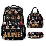 Mercuryelf Personalized Guitar Kids Backpack with Lunch Box Set, 3 in 1 School Backpacks Matching Combo, Popular Black Bookbag and Pencil Case Bundle
