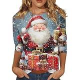 Womens Christmas Shirts Dressy,3/4 Sleeve T Shirts for Women Winter Tunic Christmas Tops 2024 Plus Size Xmas Snowman Pattern Family Christmas Sweaters Fall Round Neck Christmas Clothing Blue 3X
