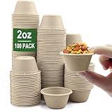 CAMKYDE 2 oz Disposable Bagasse Fiber Souffle Cups 100pk, 100% Natural Biodegradable Compostable Condiment Cups Sample Cup Tasting Cup (Natural, Pack of 100)