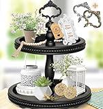 2 Tiered Tray Wooden Serving Stand by Felt Creative Home Goods. Small Beaded Tray for Home Decor Display Farmhouse Country Decoration Kitchen or Dining. Includes 3 Finial Custom Handles (Black)