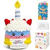 Happy Birthday Gifts for Women Her Girls Unique Emotional Support Crochet Positive Cake Plush Birthday Gift for Best Friend, Small Crochet Animal with Bday Card for Teen Mom Grandma Daughter Sister