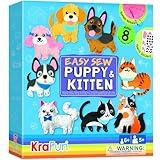 KRAFUN Easy Sewing Kit for Beginner Kids Arts & Crafts, 8 Easy DIY Projects of Stuffed Animal Dolls of Puppies & Kittens, Dogs and Cats, Instructions & Felt, Gift for Girls, Boys, Learn to Sew