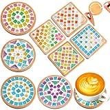 Reallnaive DIY Glass Mosaic Tiles for Crafts, Mixed Color Mosaic Kits with Wooden Coaster Adults DIY Kit for Coaster Handmade Home Gifts(Rainbow Style,8 Sets)