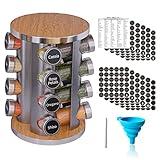 New England Stories Revolving Spice Rack Set with 16 Spice Jars, Kitchen Spice Tower Organizer for Countertop or Cabinet - Carousel Storage Includes 386 Spice Labels