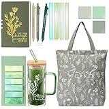 Reallnaive 15 Pcs Social Worker Appreciation Gifts with 16 oz Glass Cup Canvas Bag Notebook Ballpoint Pen Sticky Note Christmas Social Worker Gift for Women Volunteer Coworker Office Supplies(Green)
